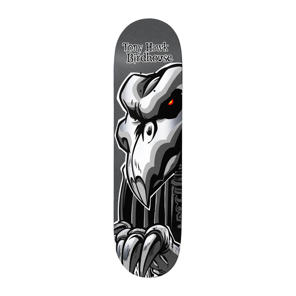 Birdhouse Tony Hawk Falcon 2 Gunmetal 8.5 skateboard deck: Monochrome grey and white cartoon falcon skull with a glowing red eye and skeletal claws gripping the bottom edge, with a stripy ribcage behind; 'Tony Hawk Birdhouse' in gothic lettering at the top.