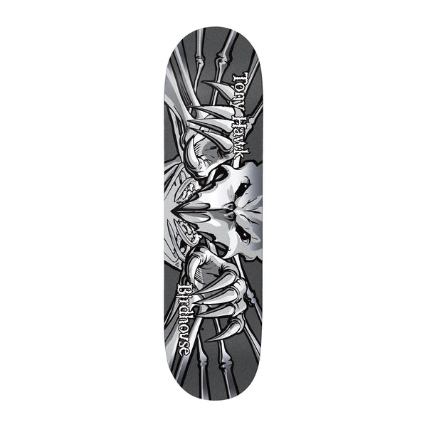 Birdhouse Tony Hawk Falcon 3 Gunmetal 8.0 skateboard deck: Monochrome falcon skull seen head-on with spread skeletal wings and clawed talons, in grey and silver tones, with 'Tony Hawk' and 'Birdhouse' lettering down both sides.