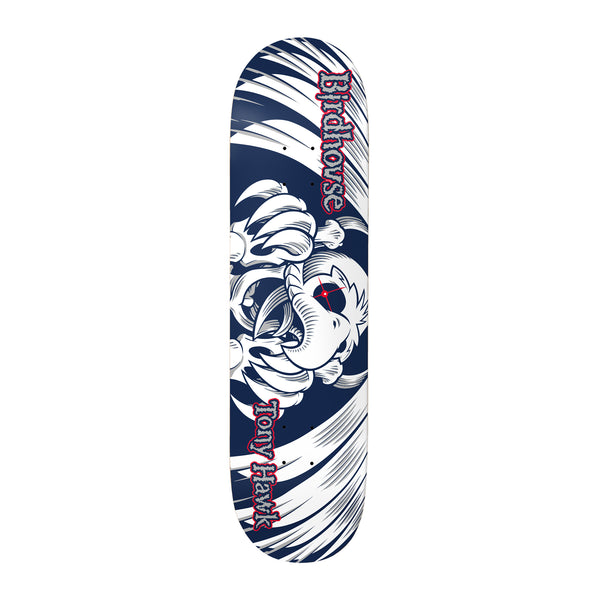 Birdhouse Tony Hawk Falcon 6 Blue 7.25 skateboard deck: White falcon head with clutching talons and a red eye, drawn in line style over a navy blue background with white feather swooshes. Birdhouse and Tony Hawk in gothic lettering run along the edges.