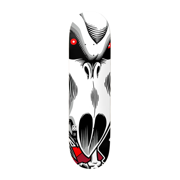 Birdhouse Tony Hawk Falcon XL 8.125 skateboard deck: Close-up of a stylised gorilla-like or bird face with glaring red eyes, flared nostrils and a open mouth, drawn in black, grey and white linework, with a skeleton and red shapes at the tail.