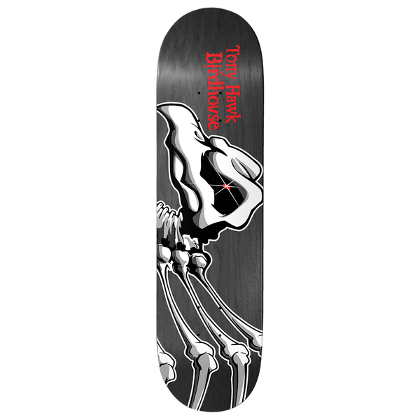 Birdhouse Tony Hawk Falcon 8.125 skateboard deck: Large black, white and grey illustration of a skeletal falcon's skull and talons, with a red sparkle in the eye socket, on a grey-stained wood veneer. Red serif rider and brand name runs vertically near the top.