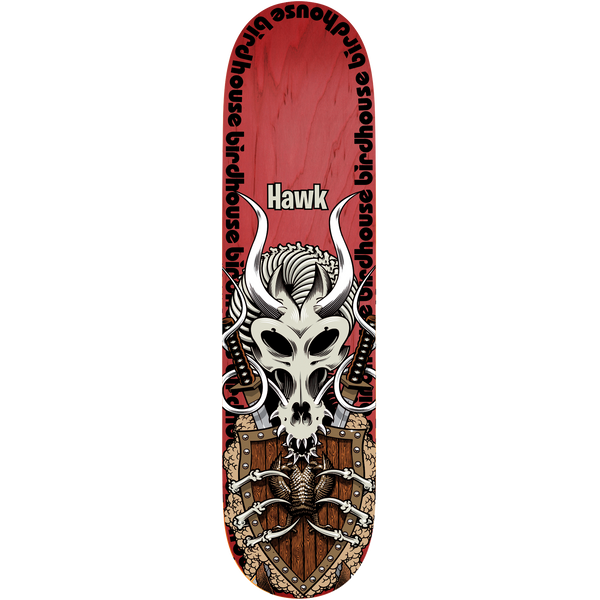 Birdhouse Tony Hawk Gladiator 8.0 skateboard deck: Horned dragon-like skull with crossed swords and a wooden shield draped in bones, on a red stained deck, with Birdhouse repeated around the edge and the name Hawk in a label above.