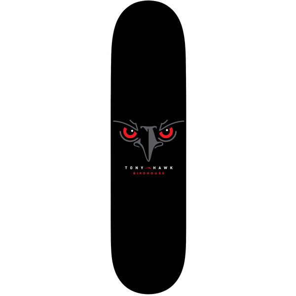 Birdhouse Tony Hawk Lakai 8.25 skateboard deck: Plain black deck with a stylised hawk face in grey with glaring red eyes at the centre, 'Tony Hawk' in white above red 'Birdhouse' lettering.