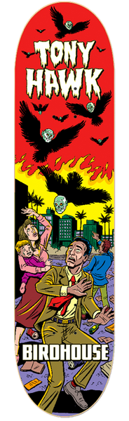 Birdhouse Tony Hawk Mexipulp 8.125 skateboard deck: Pulp comic-style scene of a panicked family and a man in a suit under a red sky while skull-faced black birds attack above a burning city with palm trees. TONY HAWK in dripping letters, BIRDHOUSE at the bottom.