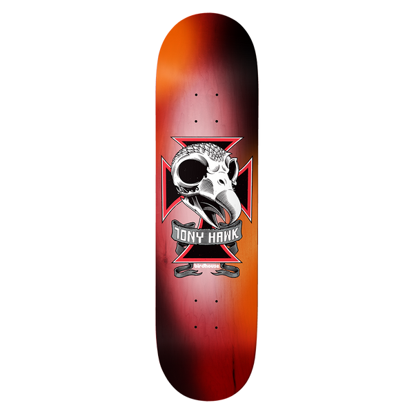 Birdhouse Tony Hawk Skull 2 Multi 8.25 skateboard deck: Bird skull in front of a red and black iron cross, with a grey scroll banner reading Tony Hawk. Background is a blurred orange, red and black fade.