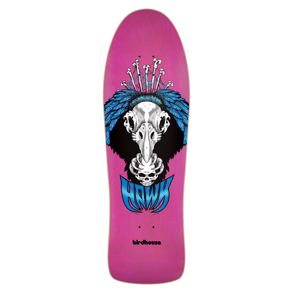 Birdhouse Tony Hawk Vulture 10.25 skateboard deck: Vulture skull with a bone crest and blue feathered wings above a smaller skull and ribcage, with blue 'HAWK' lettering below and the birdhouse logo. Shaped pink deck.