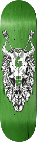 Birdhouse Walker Cattle 8.5 skateboard deck: Black and white illustrated horned cattle skull with feathers, a thorny wreath and two crossed arrows, with a small green Birdhouse hand logo on the forehead, on a green stained deck.