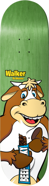 Birdhouse Walker Remix 8.125 skateboard deck: Cartoon brown and white cow with a big grin holding a chocolate bar in a blue wrapper, on a green stained deck. Rider name and brand are in yellow at the top.