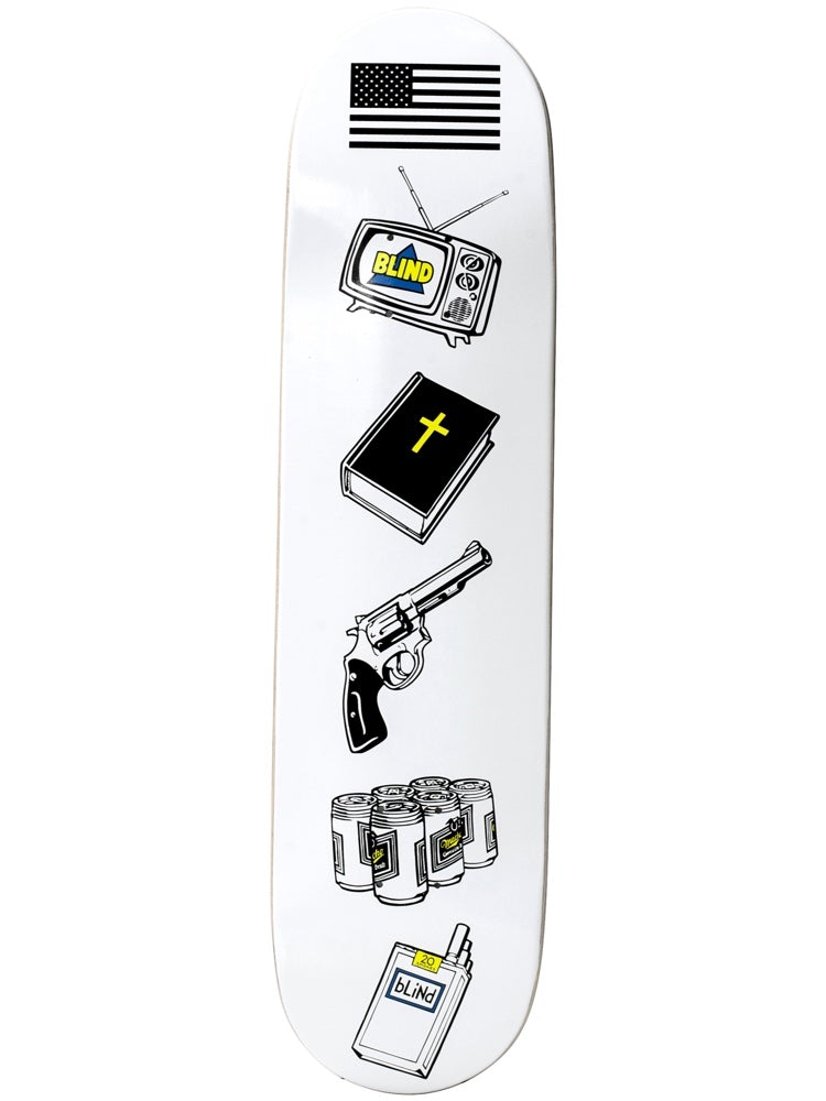 Blind American Icons White skateboard deck: A vertical stack of black and white icons on a white deck: an American flag, a television with the Blind logo, a bible with a yellow cross, a revolver, a six-pack of beer cans and a cigarette packet.
