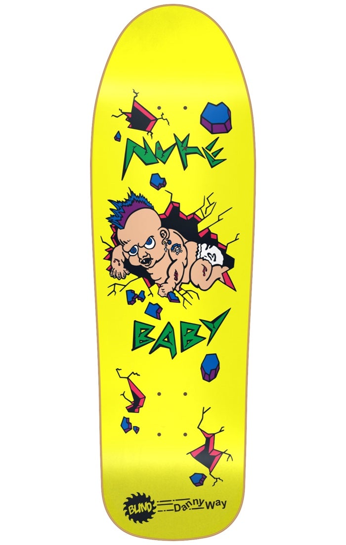 Blind Danny Way Nuke Baby SP YELLOW R7 9.7 skateboard deck: A cartoon mutant baby with a blue mohawk and earrings bursts through a cracked wall among blue rubble. Jagged green 'Nuke Baby' lettering is on a bright yellow deck, with a Blind logo and Danny Way name at the tail.