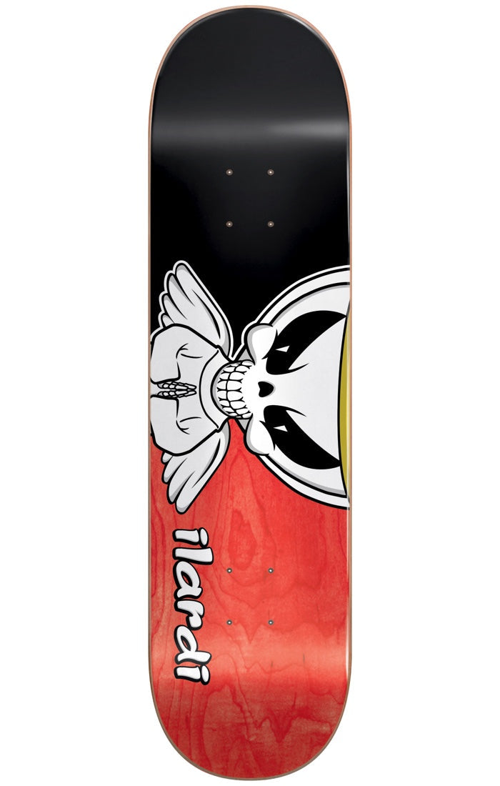 Blind Ilardi Angel Reaper R7 8.25 skateboard deck: The Blind reaper skull logo peeks out from the right edge, with white angel wings and a clenched fist-like shape on the left, across a black upper half and red-stained wood lower half. 'Ilardi' is written in white at the tail.