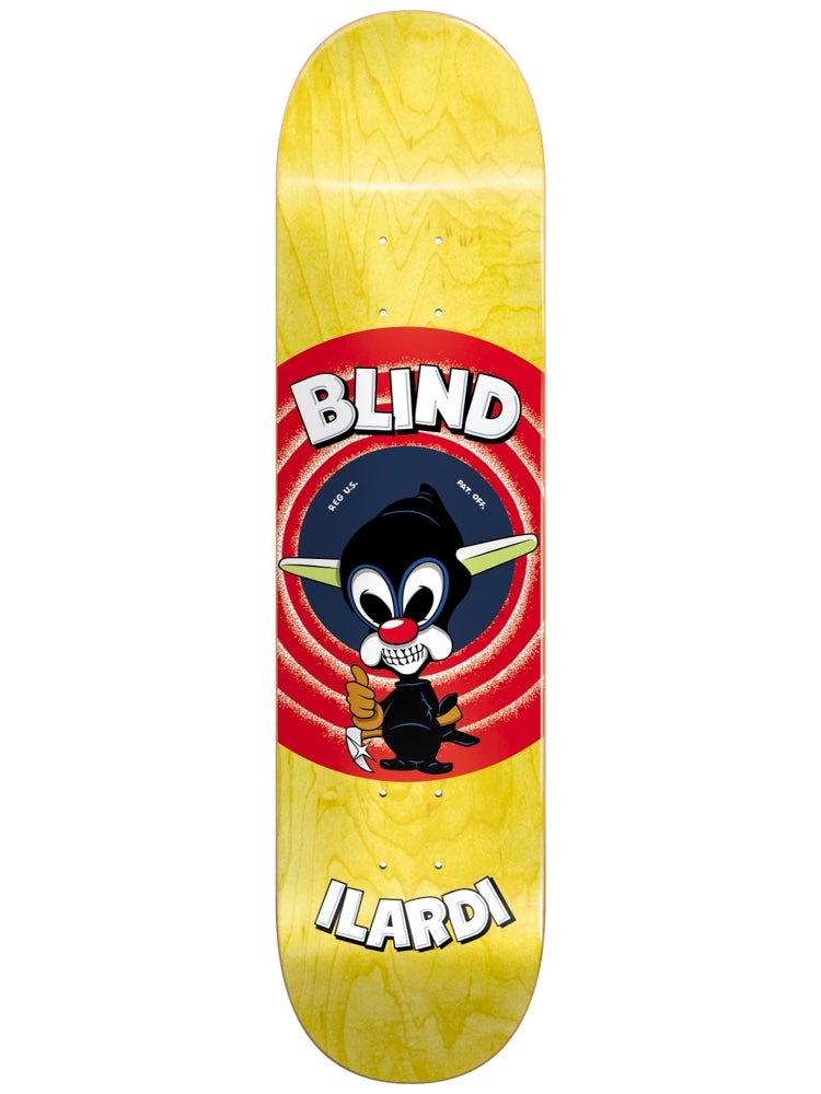 Blind Ilardi Reaper Impersonator R7 8 skateboard deck: A cartoon black reaper character with green ears and a red nose gives a thumbs up inside red concentric rings, in the style of a classic cartoon title card. 'Blind' sits above and 'Ilardi' below on a yellow-stained deck.
