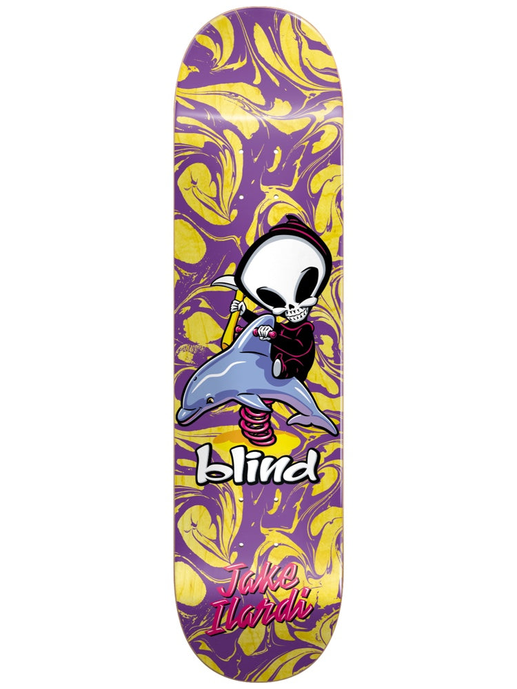 Blind Ilardi Reaper Ride R7 Purple skateboard deck: A cartoon hooded reaper with a big skull head rides a dolphin spring rider like a playground toy, on a purple deck swirled with yellow marbling. Blind logo in white and the rider name in pink script below.