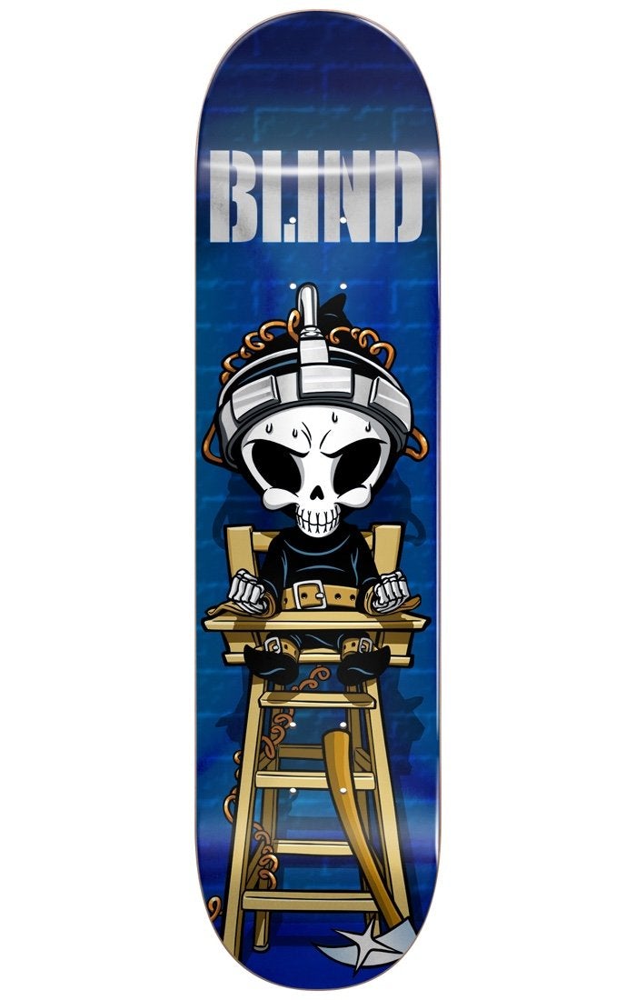 Blind McEntire Chair Reaper R7 8.25 skateboard deck: Cartoon skull Reaper strapped into an electric chair with a metal helmet and wires, sweating, on a tall wooden stand against a blue brick wall. Large silver 'BLIND' logo across the top.