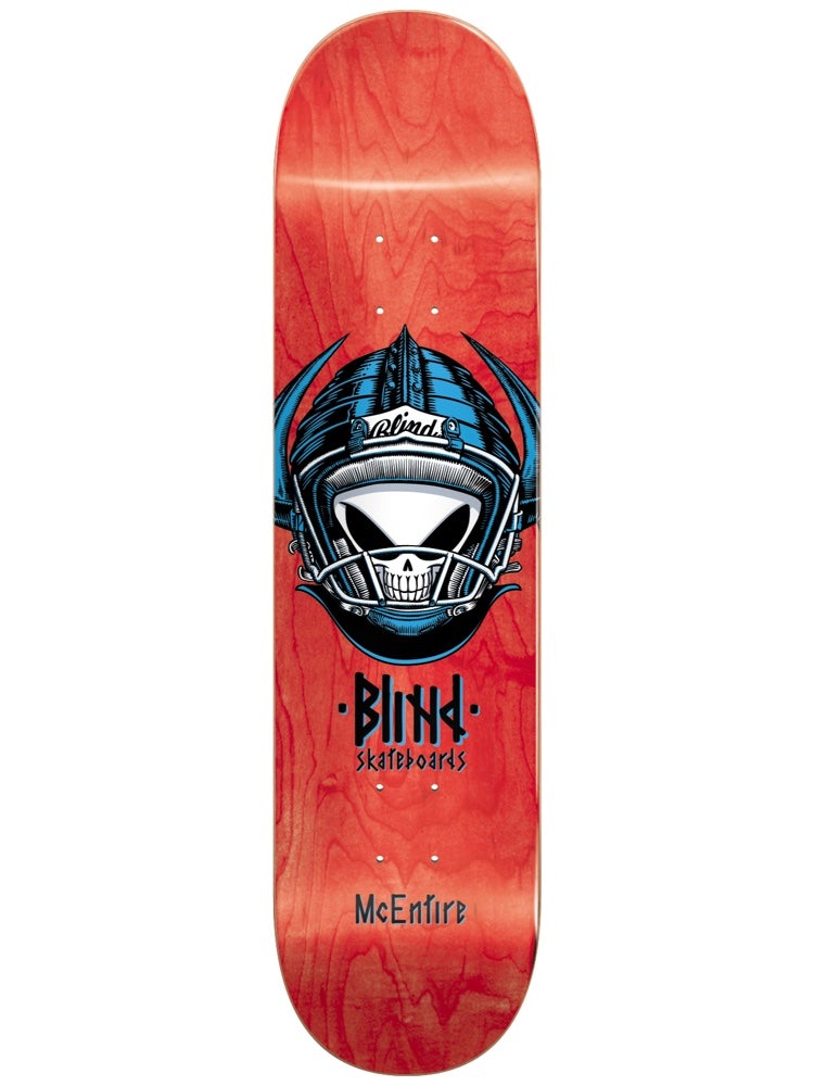 Blind McEntire Reaper Helmet Super Sap R7 8.25 skateboard deck: Cartoon skull wearing a blue horned helmet with a football-style face guard, above 'Blind Skateboards' in runic-style lettering and a 'McEntire' name. On a red stained deck.