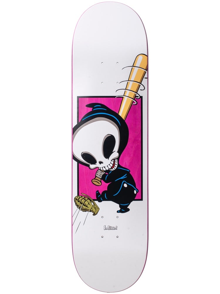 Blind McEntire White Reaper Box 8.25 R7 skateboard deck: A cartoon big-headed grim reaper in a black hood swings a nail-studded baseball bat while biting the handle, with a grenade tossed below. Set in a pink box on a white deck, with a small Blind logo.