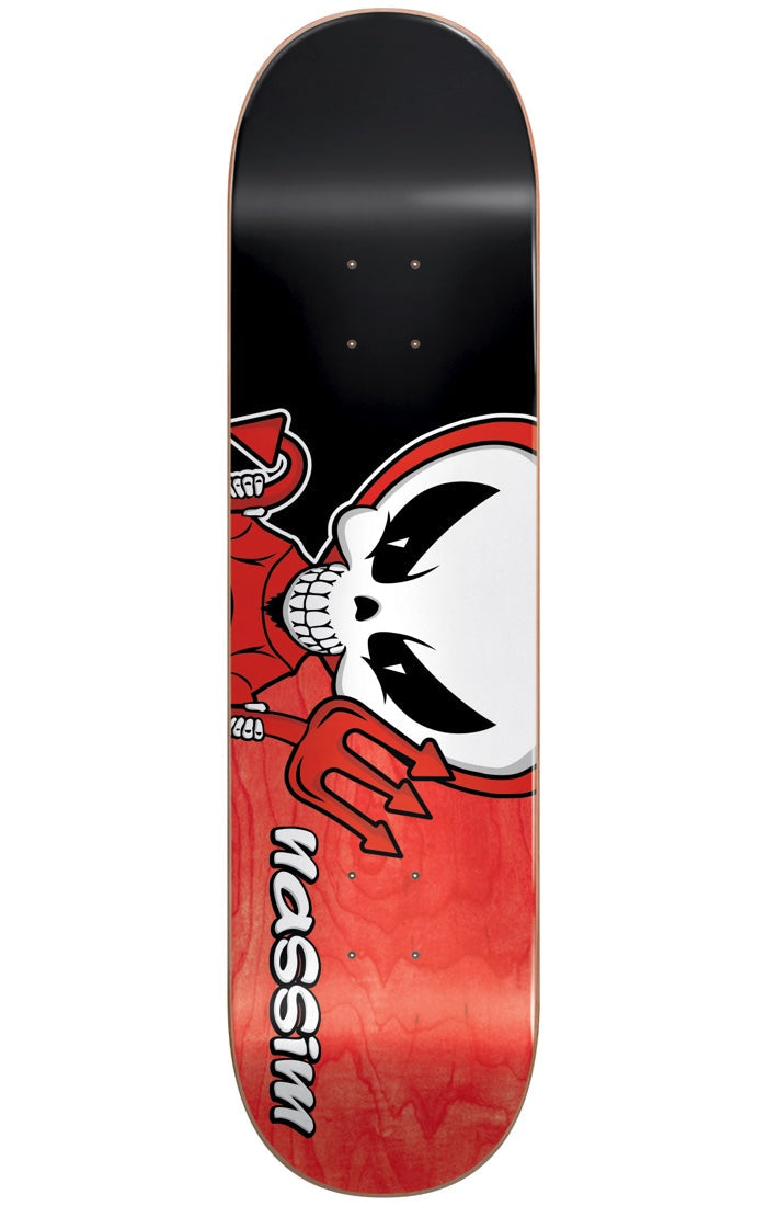 Blind Nassim Devil Reaper R7 8.0 skateboard deck: Large cartoon skull with angry black eyes over a red devil-costumed figure holding a trident, split across a black top and red stained lower deck. 'nassim' lettering at the bottom.