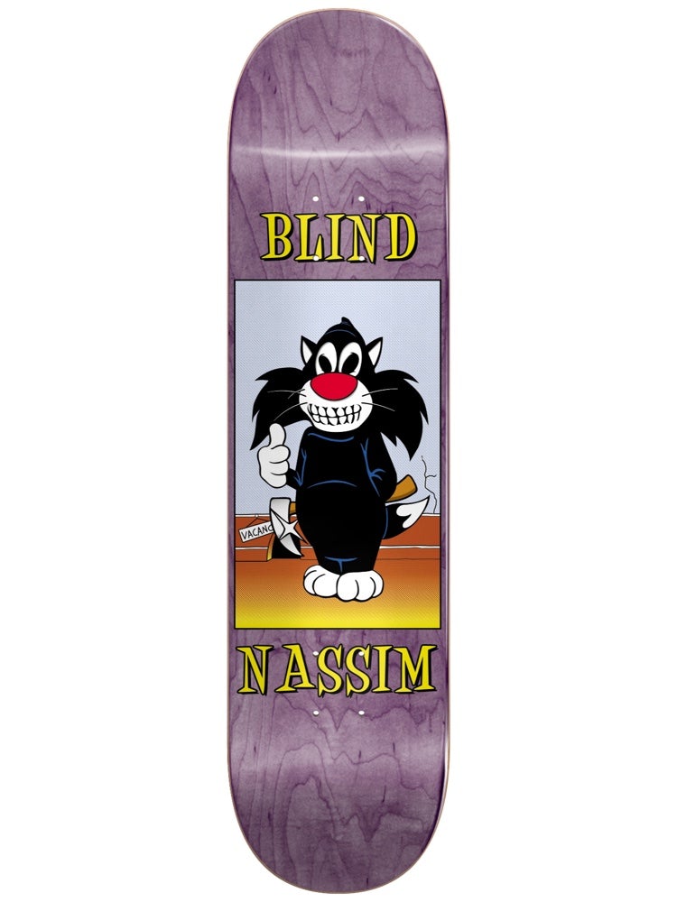 Blind Nassim Reaper Impersonator R7 8.25 skateboard deck: Purple wood-stained deck with a boxed cartoon scene of a black and white cat in a grim reaper style robe giving a thumbs up and grinning, with a sign and scythe behind. Brand and rider name in yellow serif lettering above and below.