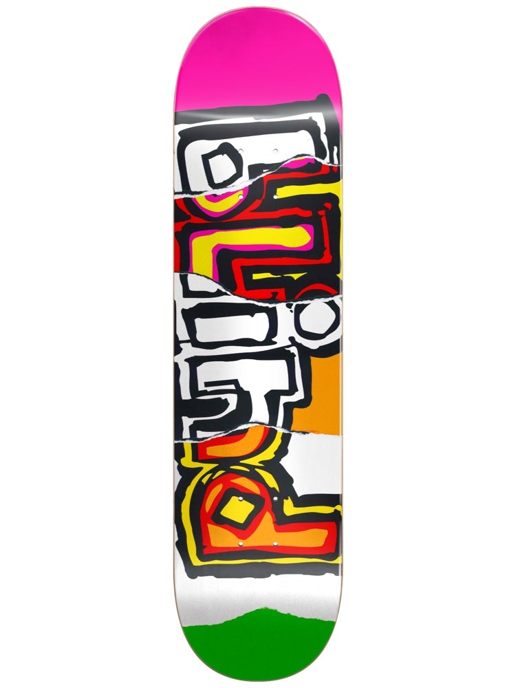 Blind OG Ripped HYB 8 skateboard deck: Large hand-drawn brand lettering in black, red, yellow and orange running up the deck, appearing torn into layered strips against white, with pink at the nose and green at the tail.