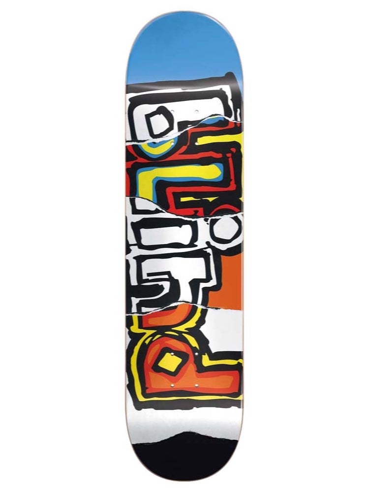 Blind OG Ripped 8.0 Multi skateboard deck: Large hand-drawn brand lettering in black, white, red, yellow and orange running up the deck, appearing torn into layered strips, with blue at the nose and black at the tail.