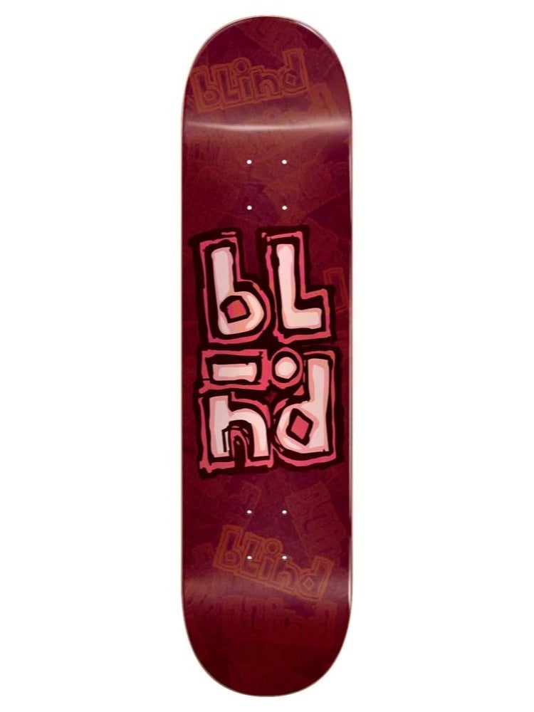 Blind OG Stacked Stamp Red 8.0 skateboard deck: Blind logo stacked in four lines in a chunky hand-cut stamp style, pale pink with red outline, over a dark red background with a faded repeat pattern of the logo.