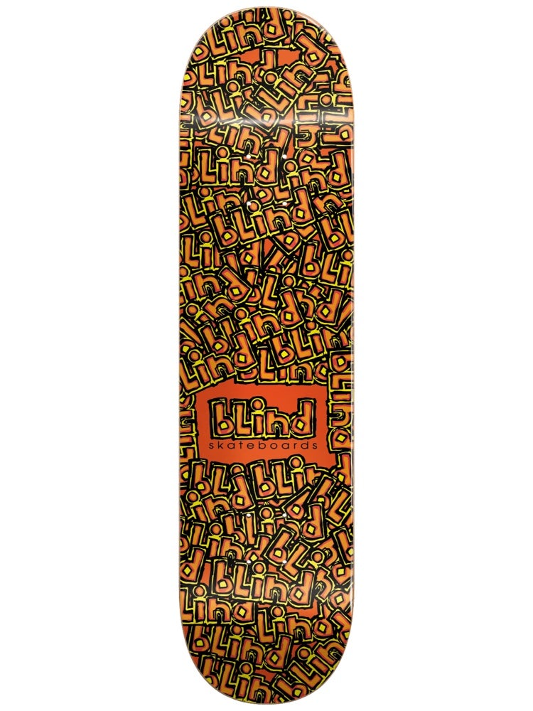 Blind OG Stand Out RHM 8.25 skateboard deck: Dense all-over repeat of the hand-cut Blind logo in orange and yellow outlines on black, with a larger orange Blind Skateboards logo panel in the lower middle.