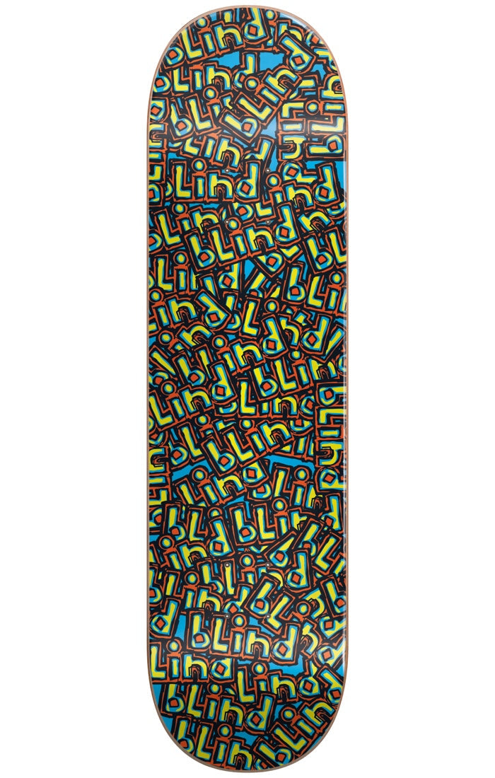 Blind OG Wallpaper Blue 8.0 skateboard deck: All-over scattered repeat of the hand-cut Blind logo in yellow, green and orange outlines over a black and blue background.