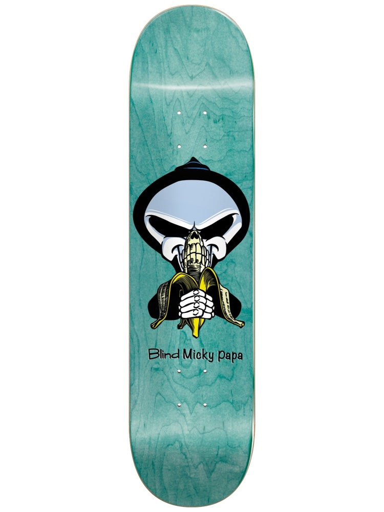 Blind Papa Banana Reaper Super Sap R7 8 skateboard deck: Hooded grim reaper with a skull face eating a banana, hands clasped in front, on a teal stained wood deck. 'Blind Micky papa' in handwritten-style text beneath.