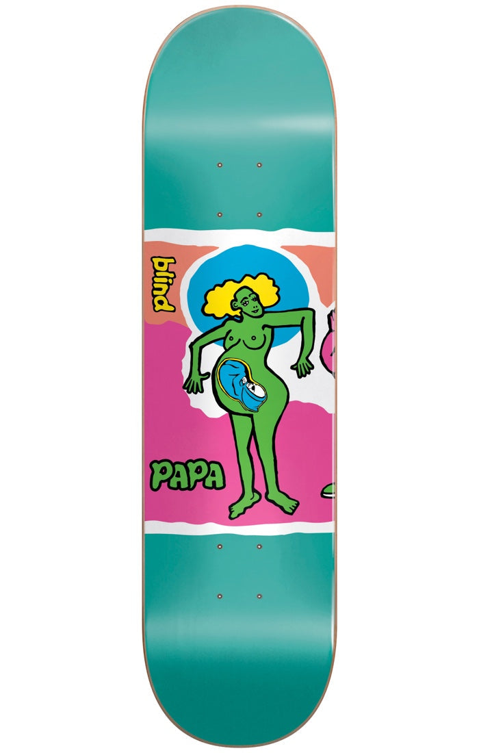 Blind Papa Color Portrait Super Sap R7 8.0 skateboard deck: A cartoon green woman with yellow curly hair and a pregnant belly showing a baby inside, drawn in thick outlines on pink, white and orange panels against a teal deck. The blind logo and PAPA appear alongside.