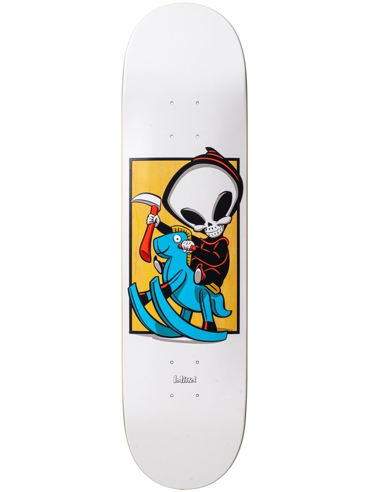 Blind Papa White Reaper Box 8.0 R7 skateboard deck: A cartoon big-headed grim reaper in a hood rides a blue rocking horse, holding a sickle, set in a yellow box on a white deck. Small Blind logo below.
