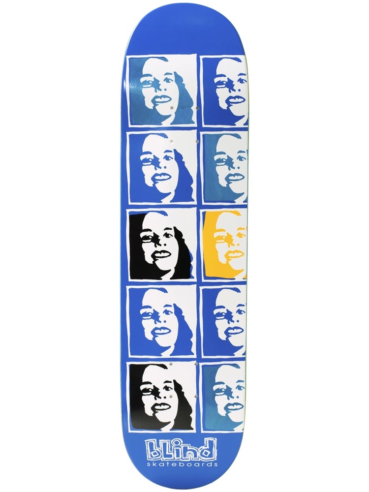 Blind Psychedelic Multi Girl Blue 8.25 skateboard deck: Grid of repeated stencil-style portraits of a smiling woman in two columns, mostly in blue and white with one black and one yellow, on a blue deck with a Blind Skateboards logo at the bottom.