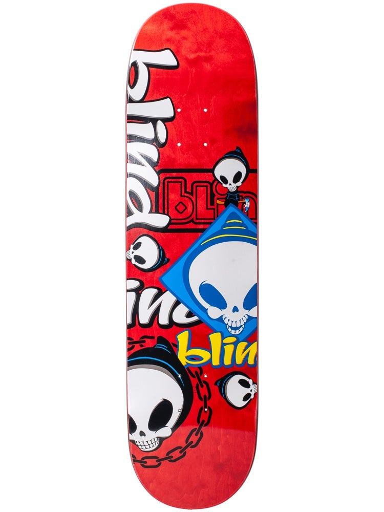 Blind Random Placement Red 8.25 skateboard deck: A collage of Blind logos and cartoon reaper skulls scattered at random, including a blue diamond with a skull, a chained skull and bubble lettering, on a red stained deck.