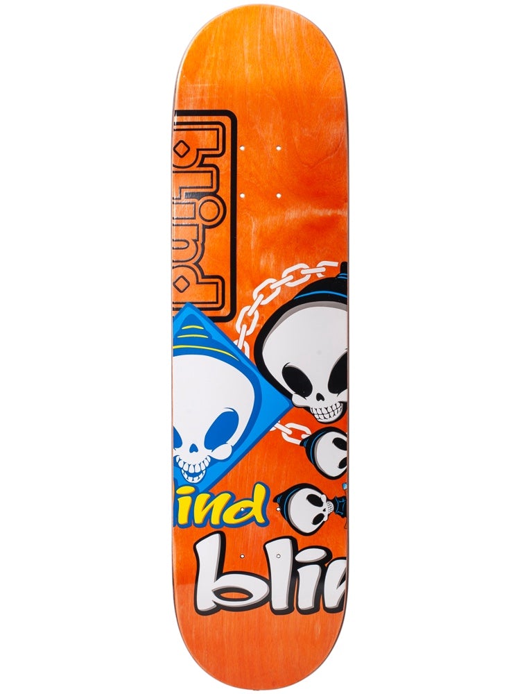 Blind Random Placement RHM Orange 8.0 skateboard deck: Collage of Blind reaper skull characters, a blue diamond sign, a chained skull on a ball and chain, and cropped Blind logos placed off-centre on an orange deck.