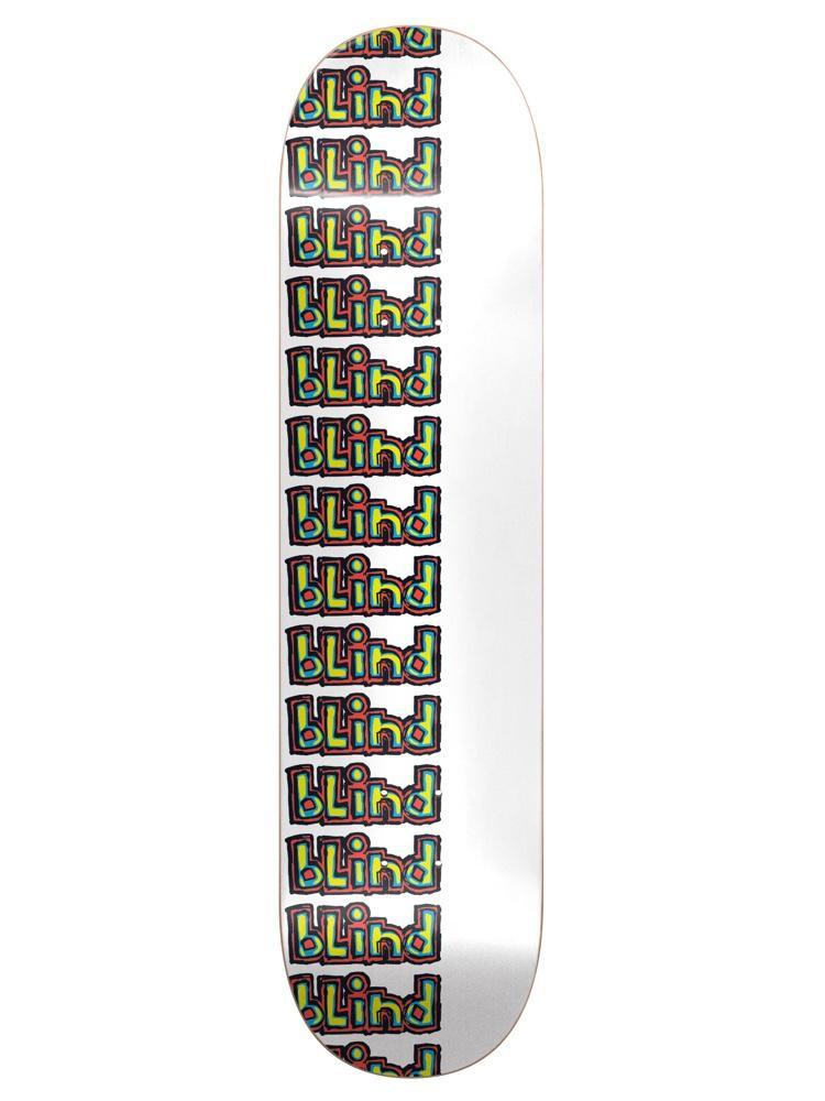 Blind Repeat Rail White 7.75 skateboard deck: Column of repeated multicoloured Blind logos with chunky outlined lettering running down the left side of a plain white deck.