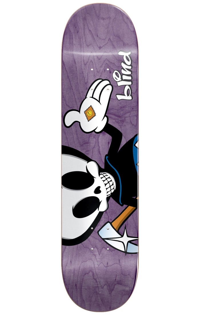 Blind Rogers Reaper Character R7 8 skateboard deck: The cartoon Blind Reaper character with a big grinning white skull, black robe and white-gloved hand holding a yellow smiley sticker, with an axe at his side, on a purple wood-stain deck with sideways white Blind lettering.