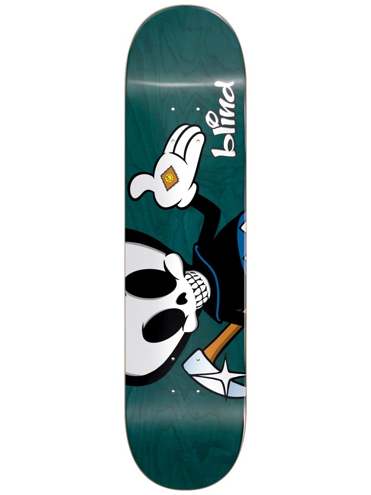 Blind Rogers Reaper Character Super Sap R7 8.25 skateboard deck: A cartoon grim reaper with a big white skull, white-gloved hand giving a thumbs-up holding a smiley sticker, and an axe-like scythe, on a dark teal woodgrain deck with the blind logo.