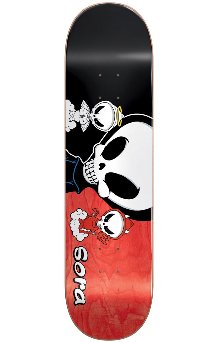 Blind Sora Good VS Evil Reaper R7 7.75 skateboard deck: A large cartoon reaper skull sits between a small angel skull with a halo on a cloud above and a small red devil skull with horns below. The deck is split black over red, with the name in white at the tail.