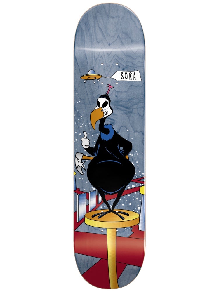 Blind Sora Reaper Impersonator R7 8.125 skateboard deck: A cartoon vulture in a black suit wearing a skull mask, giving a thumbs-up and holding an axe, perched on a gold pedestal over red girders with a small UFO towing a banner reading SORA.