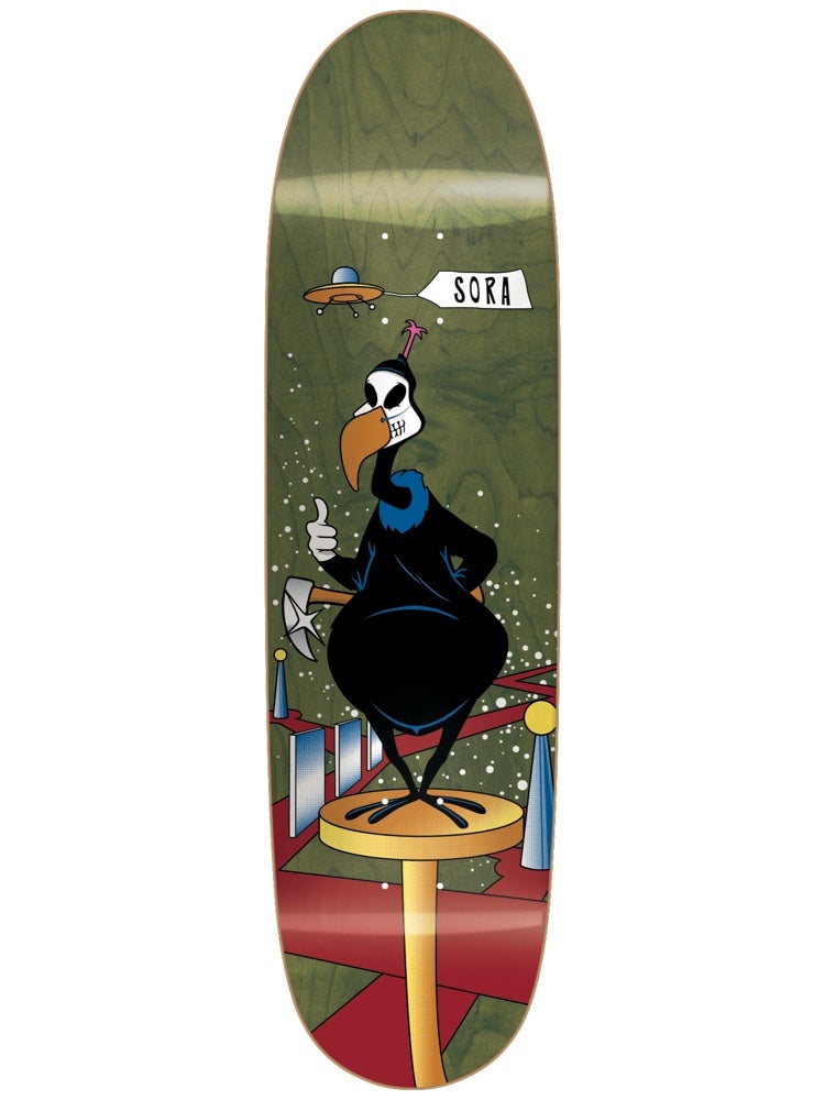 Blind Sora Reaper Impersonator R7 9.4 skateboard deck: A cartoon vulture dressed in a black suit and wearing a skull mask stands on a round gold pedestal, holding a hammer and giving a thumbs up. A small flying saucer trails a banner reading SORA over a starry green background.
