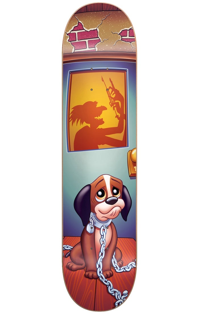 Blind Tim Gavin Dog Pound HT Popsicle MULTI R7 8.375 skateboard deck: A sad cartoon beagle puppy sits chained on a wooden floor before a closed door, behind which a window shows the shadow of a menacing figure holding a syringe. Cracked brickwork shows at the top.