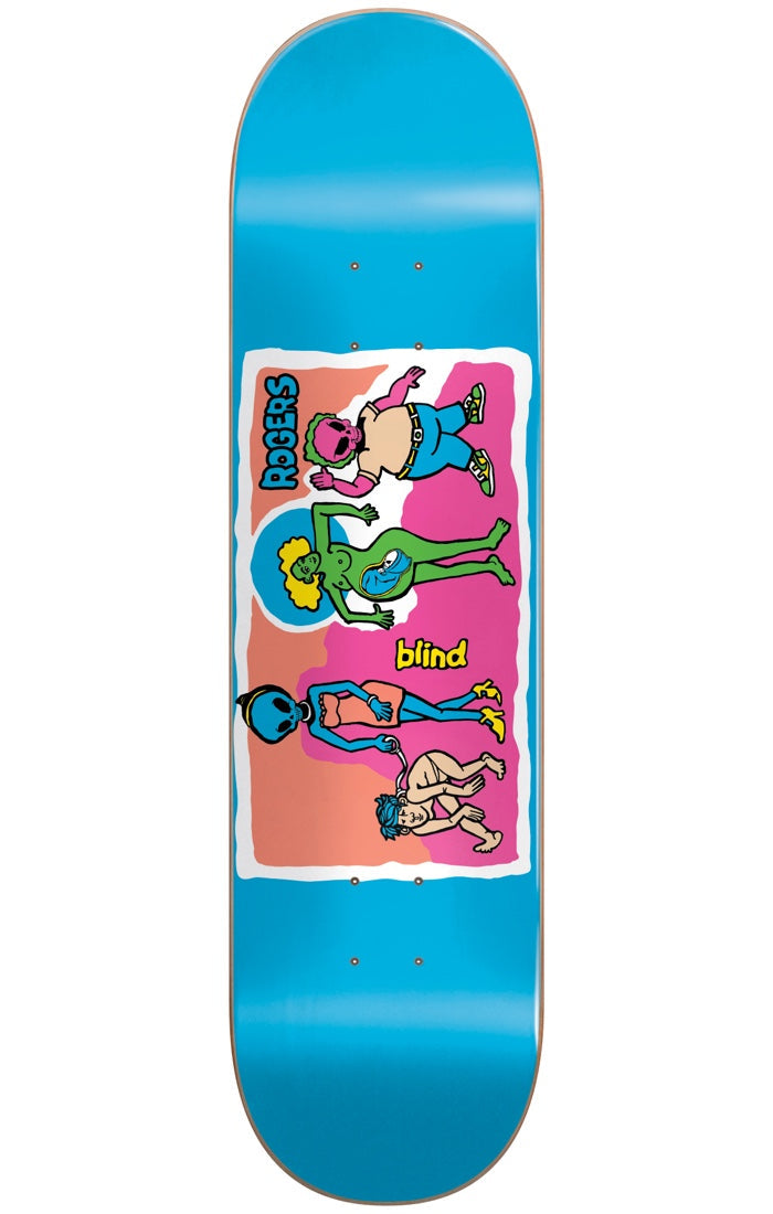 Blind TJ Color Portrait Super Sap R7 8.25 skateboard deck: A bold cartoon panel of four oddly drawn figures, including two blue-skinned aliens, a green woman with yellow hair and a pink-headed figure, on a bright blue deck. The rider's name is in vertical lettering and the brand logo in yellow.