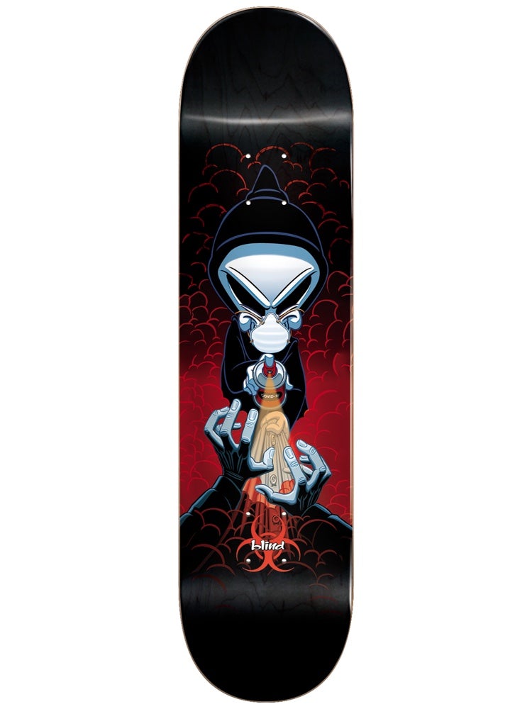 Blind TJ Covid Reaper R7 8 skateboard deck: A cartoon hooded grey alien reaper wearing a face mask sprays a can, with skeletal hands rising from below. Red cloud-patterned background fading to black, with a small biohazard-style logo at the bottom.