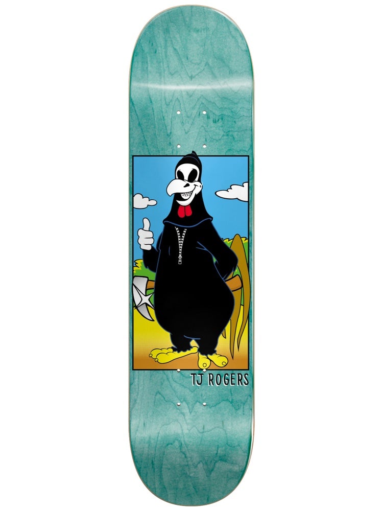 Blind TJ Reaper Impersonator R7 8 skateboard deck: Cartoon grim reaper character as a black-robed bird with a skull face and red bow tie, giving a thumbs up while holding a scythe and axe, in a framed panel with sky and field on a teal stained deck.