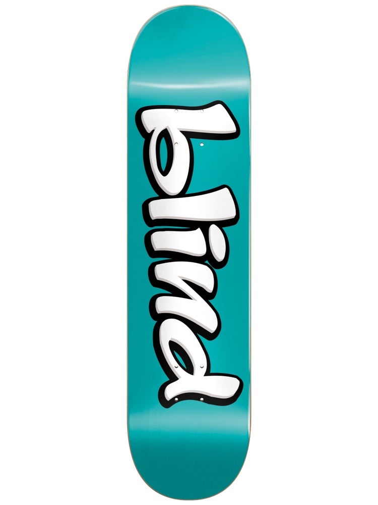 Blind Vintage Blind Logo RHM 7.75 skateboard deck: A rounded, bubbly white Blind logo with a black outline and shadow runs vertically down a solid teal deck.
