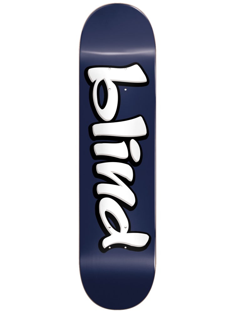 Blind Vintage Blind Logo RHM 8 skateboard deck: Bubbly white lowercase blind logo with black shadow stacked vertically on a plain navy deck.