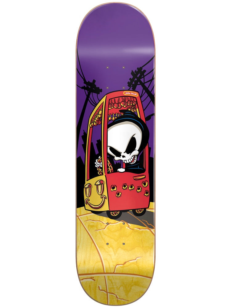 Blind Ilardi Reaper Drive By R7 8.25 skateboard deck: The cartoon Blind Reaper with a grinning skull and black hood drives a red and yellow forklift with a smiley face and bullet holes past silhouetted power lines against a purple night sky, over a cracked yellow ground.