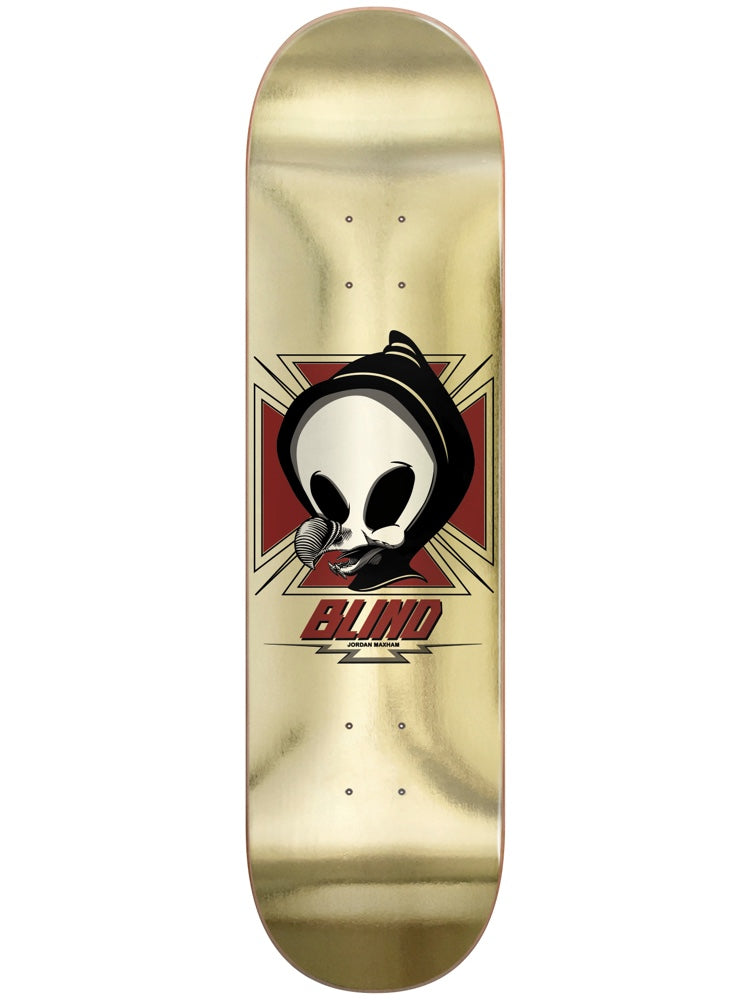 Blind Maxham Hawk Reaper Super Sap R7 8.5 skateboard deck: Blind's hooded reaper character with a snail on its chin, set in front of a red iron cross with a small lightning flash beneath the logo. Printed on a shiny gold foil deck.