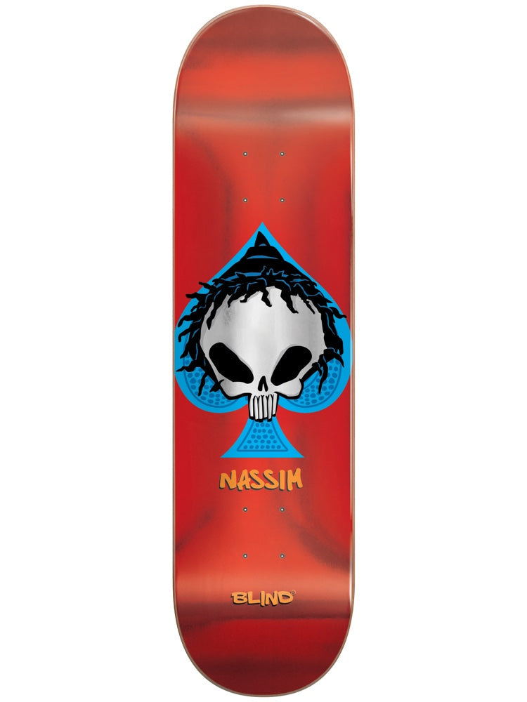 Blind Nassim Ace Reaper Super Sap R7 8.25 skateboard deck: Blind reaper skull with dark dreadlock-style hair placed inside a blue ace of spades. Rider name in orange graffiti lettering below, Blind logo at the tail, on a glossy red deck.