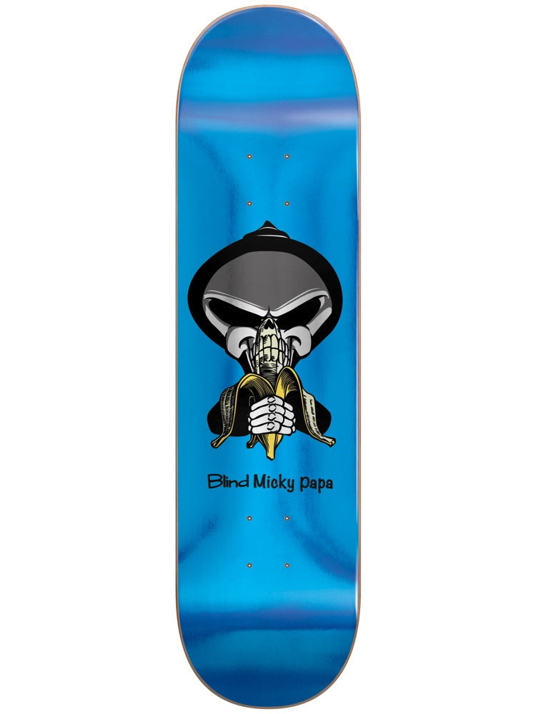 Blind Papa Banana Reaper Super Sap R7 8.0 skateboard deck: Blind's hooded reaper peeling a banana, with a skeletal face and clasped hands. Rider name in black handwriting beneath, on a shiny metallic blue deck.