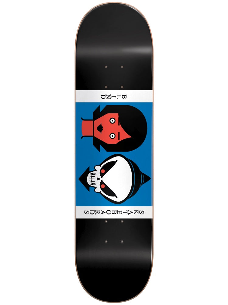 Blind Reaper Doll RHM 8.25 skateboard deck: Blue rectangular panel on a black deck showing two simple cartoon heads side by side: a red-faced figure with long black hair and a white skull-faced reaper in a hood. Blind Skateboards lettering runs above and below, in mirrored form.